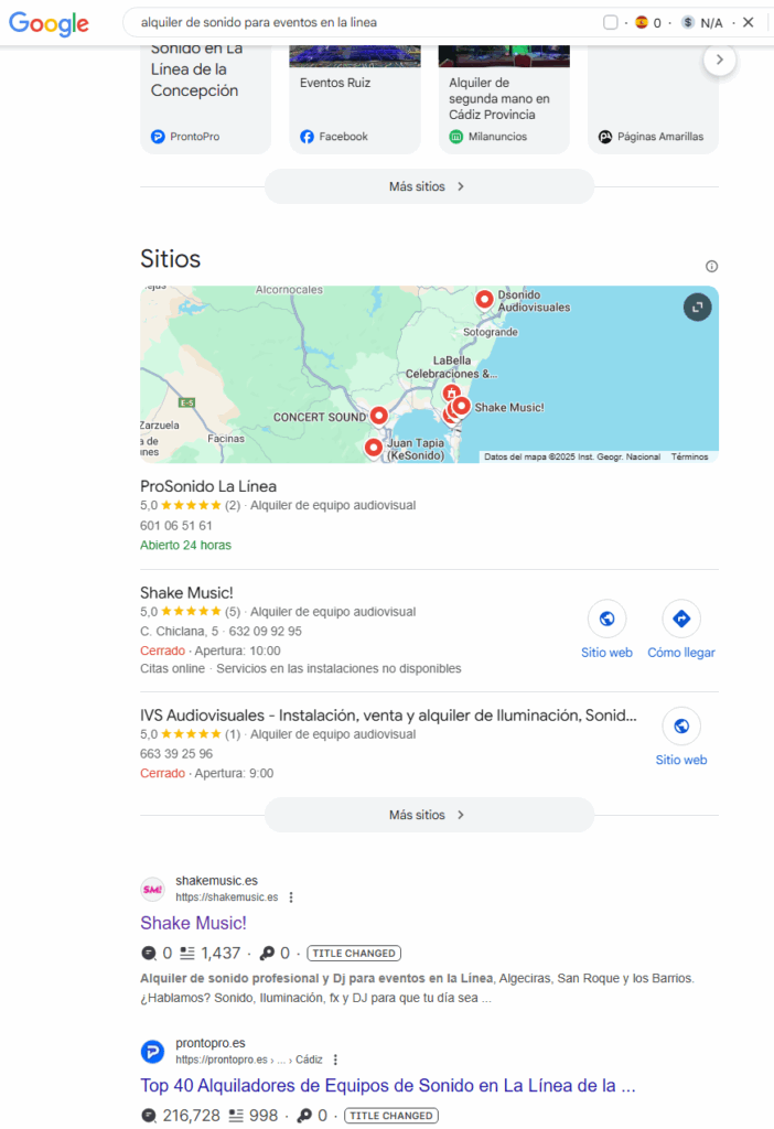 imagen del posicionamiento de shake music en google